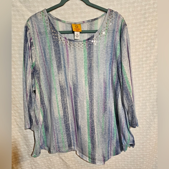 Ruby Rd. Blue and Green Striped Blouse with Studded Neckline - Picture 1 of 6